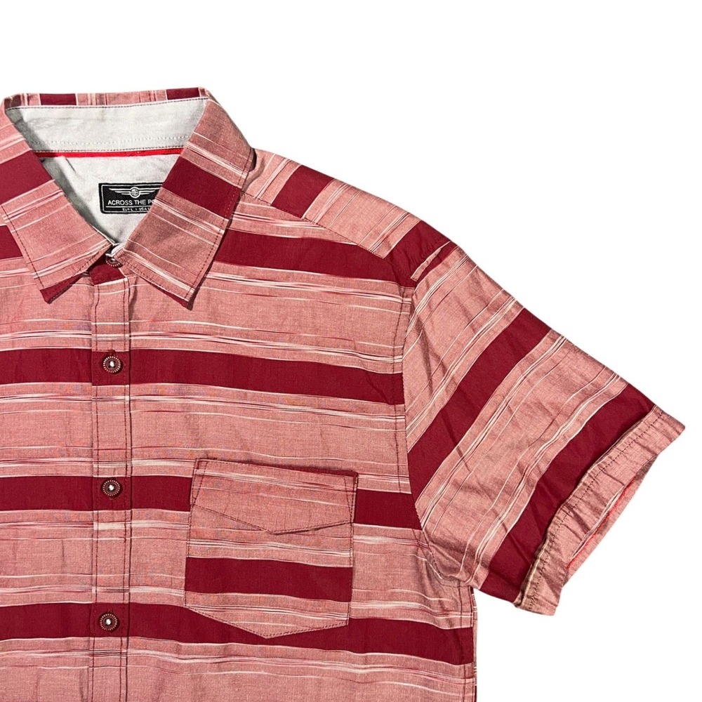 Across The Pond Men's Large Short Sleeve Striped Button‎ Down Shirt Red Burgundy